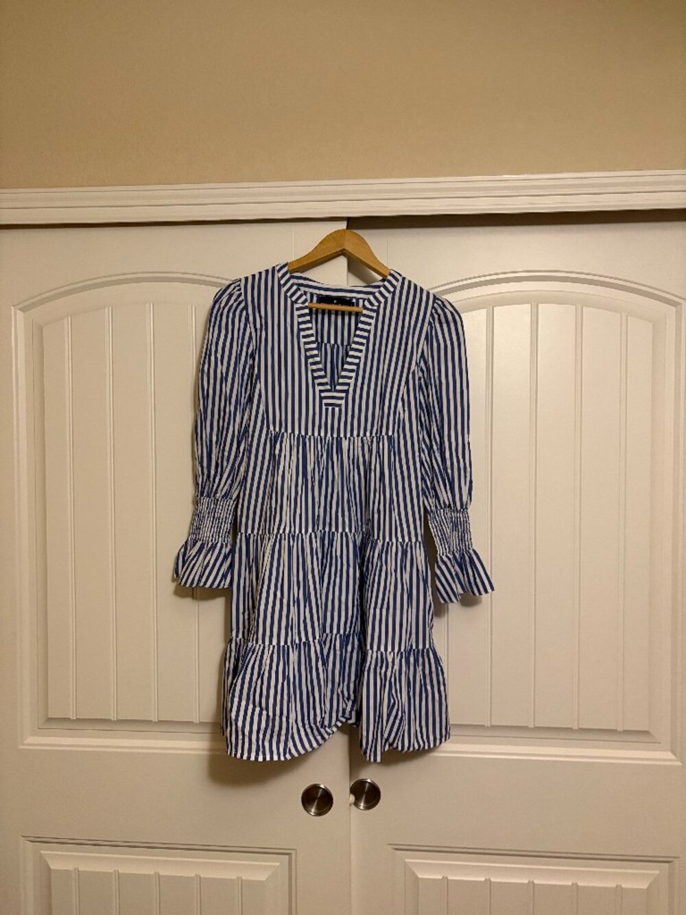 Pomander Place Kenzo Mini Dress Small Blue and White Striped Cotton Poplin